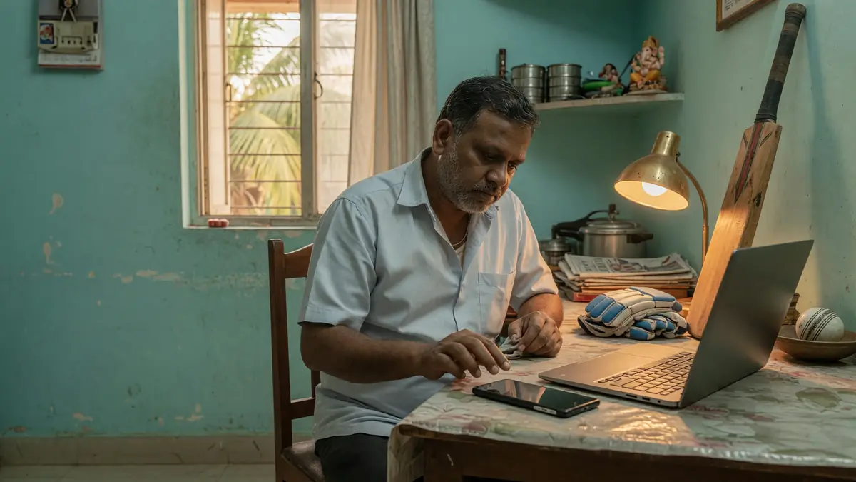 Adult inspecting an Android phone beside a laptop in a modest home