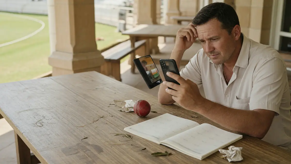User carefully reviewing an offer on a phone at a cricket pavilion table