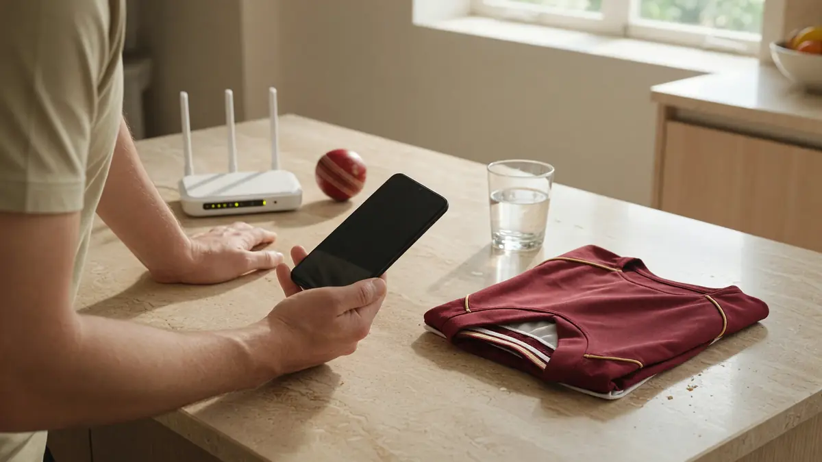 User verifying a download source on a phone at a bright kitchen table