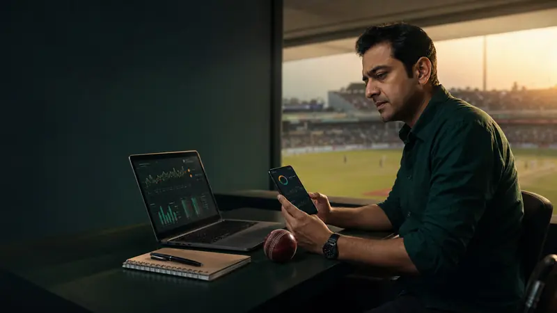 Cricket journalist reviewing match data beside the ground