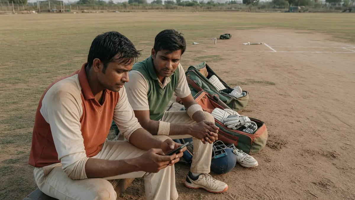 Two friends discussing an invitation on a phone after cricket practice