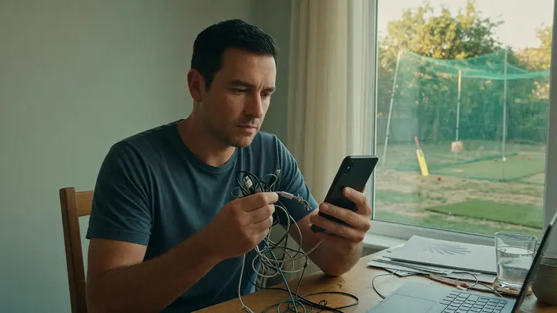 User organizing cables with phone screen facing away