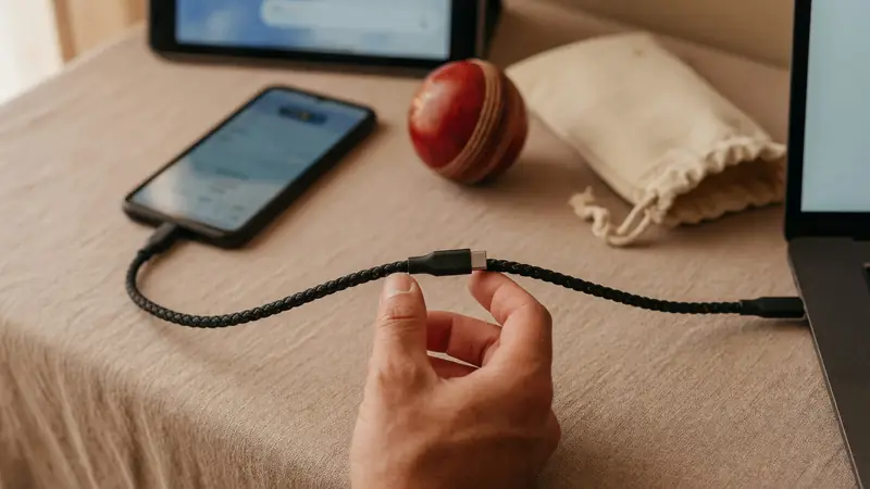 Phone connected by cable to a laptop with screens out of focus