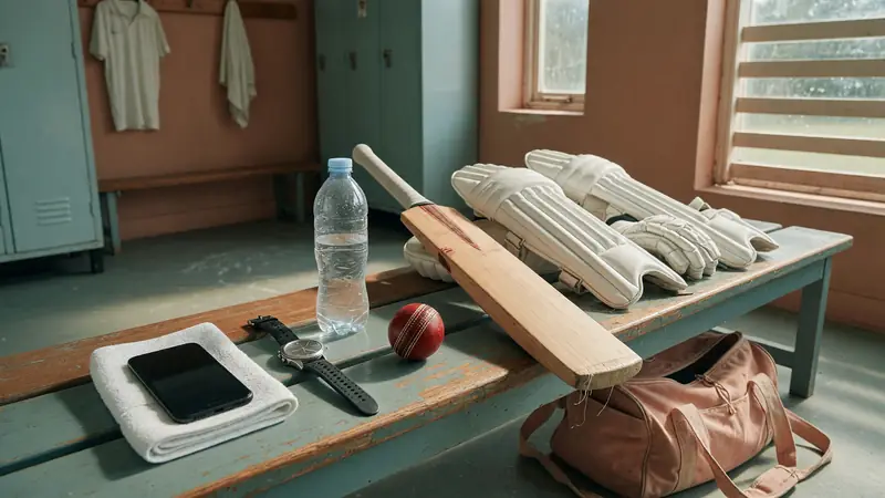 Phone, watch, water bottle and cricket equipment on a changing-room bench