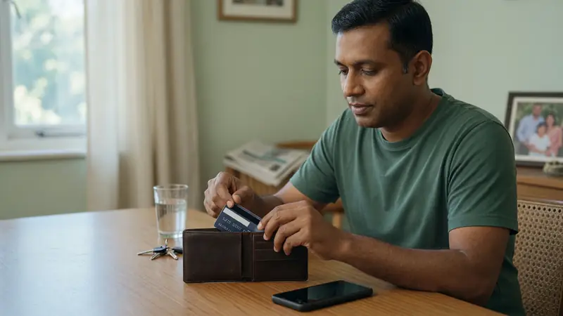 Adult returning a bank card to a wallet with phone face down