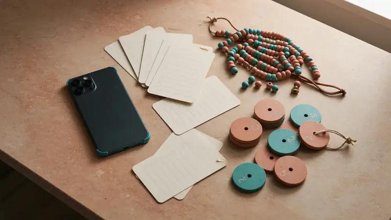 Phone, checklist cards, calendar tokens and scoring beads on stone