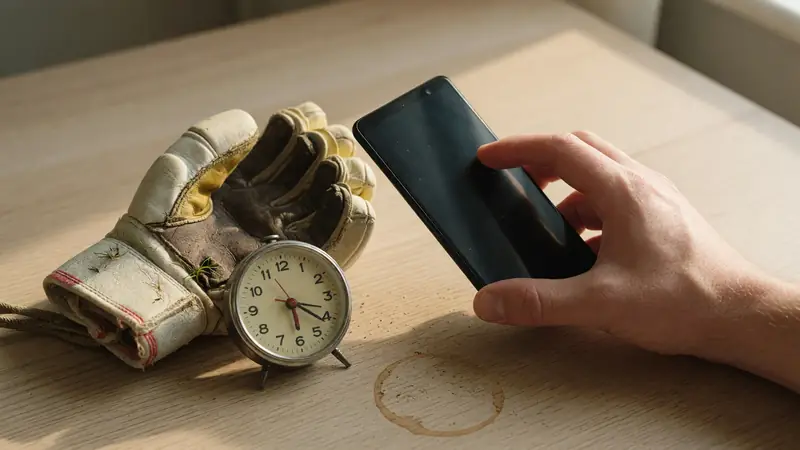 Adult setting a reminder on a phone beside an analog clock and cricket glove