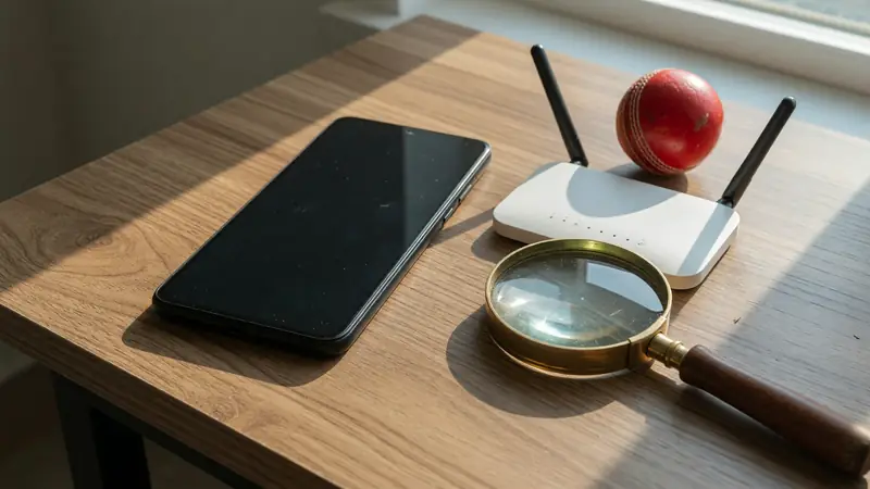 Smartphone beside a router, magnifying glass and cricket ball on a wooden desk