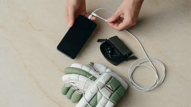 Phone charging cable, storage case and cricket gloves on pale sandstone
