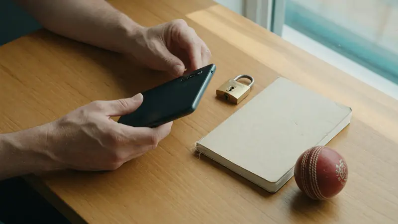 Adult hands inspecting a smartphone beside a small padlock and cricket ball