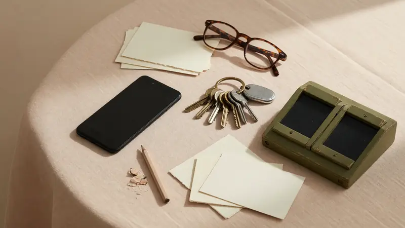 Overhead workspace with phone face down, key ring, glasses and blank note cards