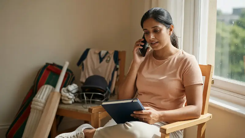 Adult user on a support call with a closed notebook near a bright window