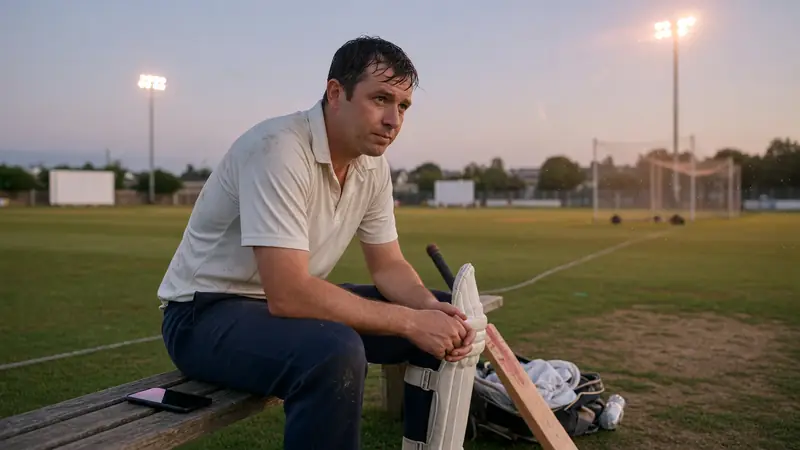 Amateur cricketer sitting quietly after practice with phone face down