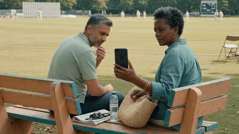 One adult showing another a phone from a respectful distance