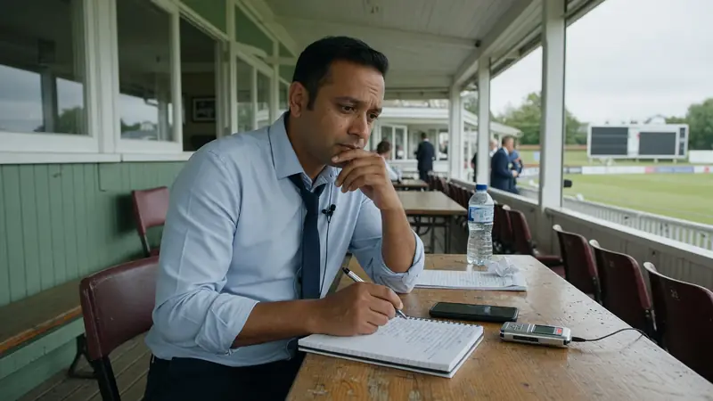 Journalist pausing over notes with a thoughtful expression