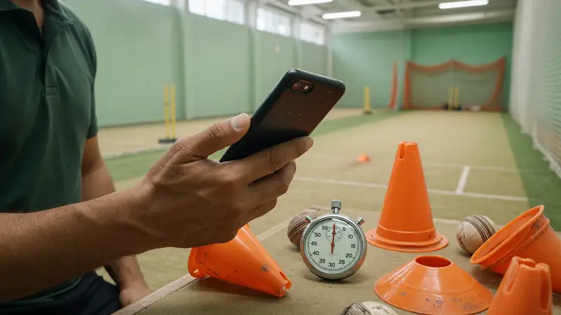 Adult testing phone responsiveness beside a stopwatch and training cones