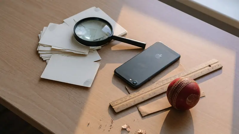 Research table with blank evidence cards, magnifying glass and phone face down
